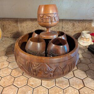 Vintage Carved Wood Punch Bowl & 5 Cups *NOT WATERTIGHT*